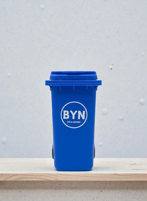 Blue BYN Can mini nicotine pouch trash can on countertop, Zyn bin gift for boyfriend or husband